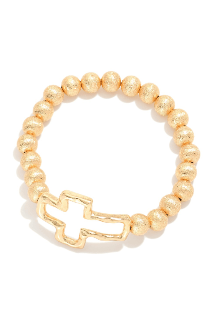 Textured Metal Bead Stretch Bracelet with Hammered Metal Cross