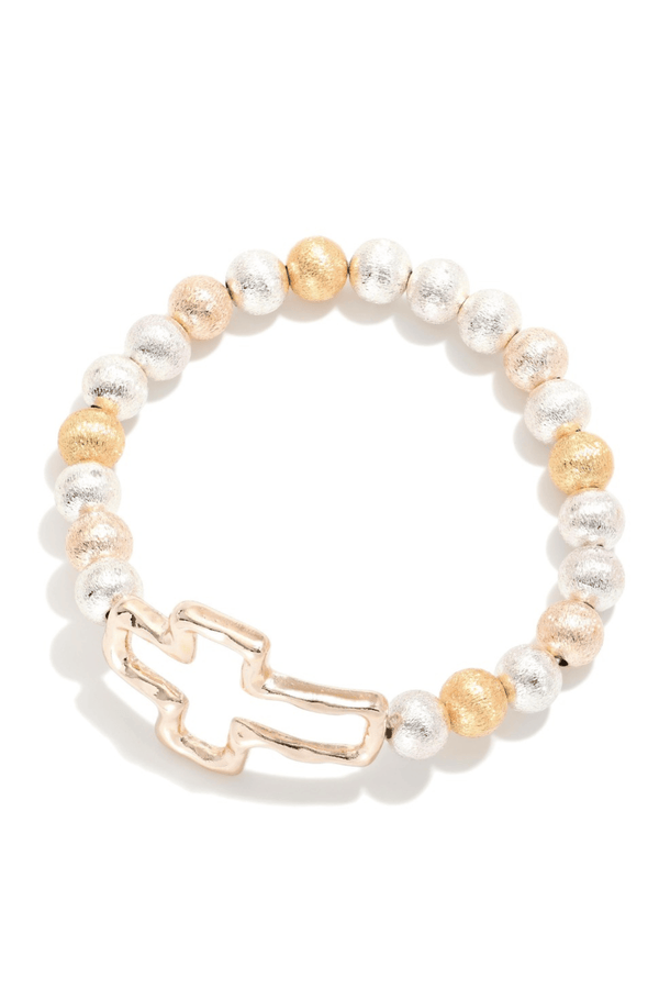 Textured Metal Bead Stretch Bracelet with Hammered Metal Cross
