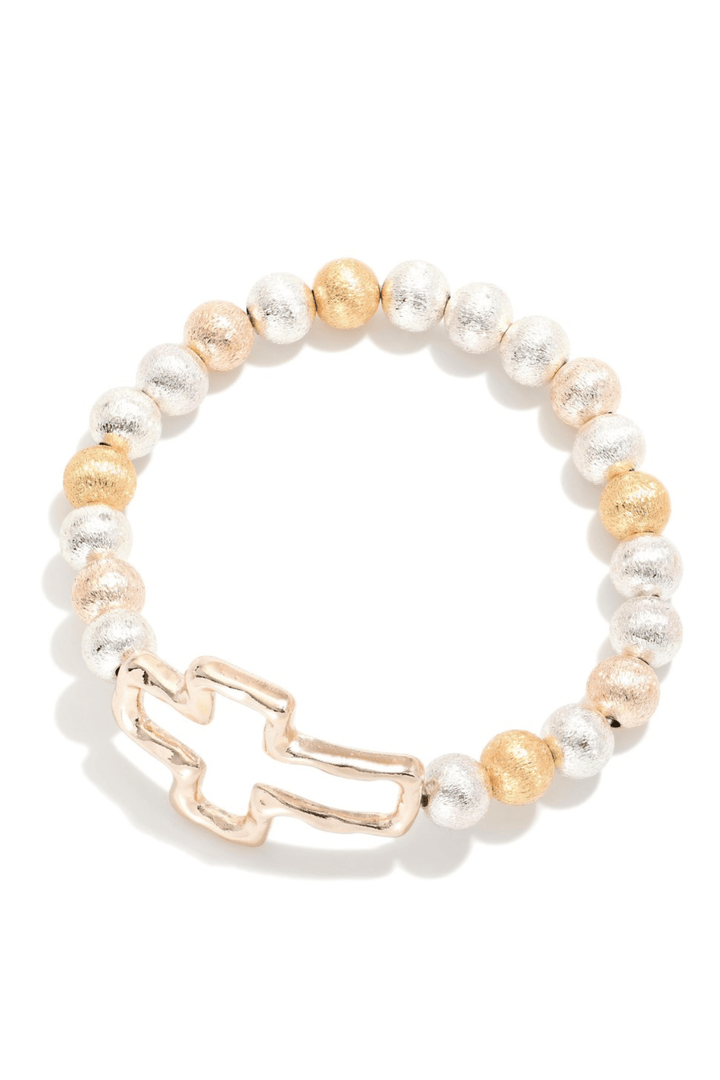 Textured Metal Bead Stretch Bracelet with Hammered Metal Cross