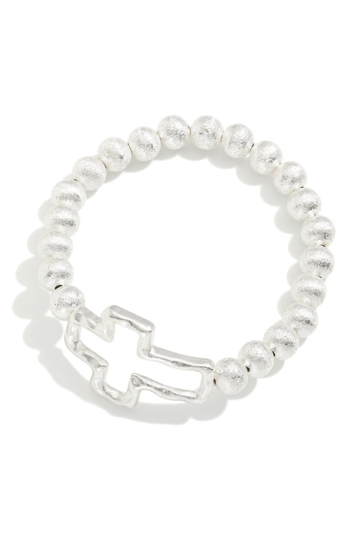 Textured Metal Bead Stretch Bracelet with Hammered Metal Cross