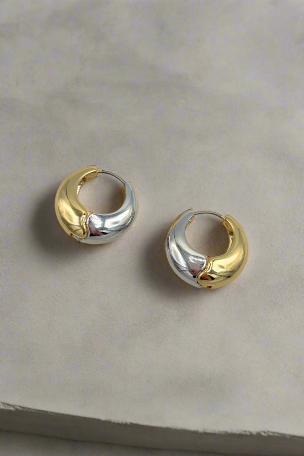 Thick Bottom Half and Half Metal Tone Huggie Hoop Earrings