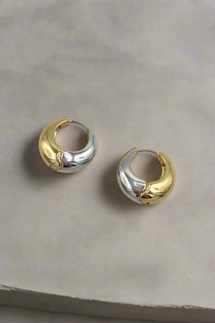 Thick Bottom Half and Half Metal Tone Huggie Hoop Earrings