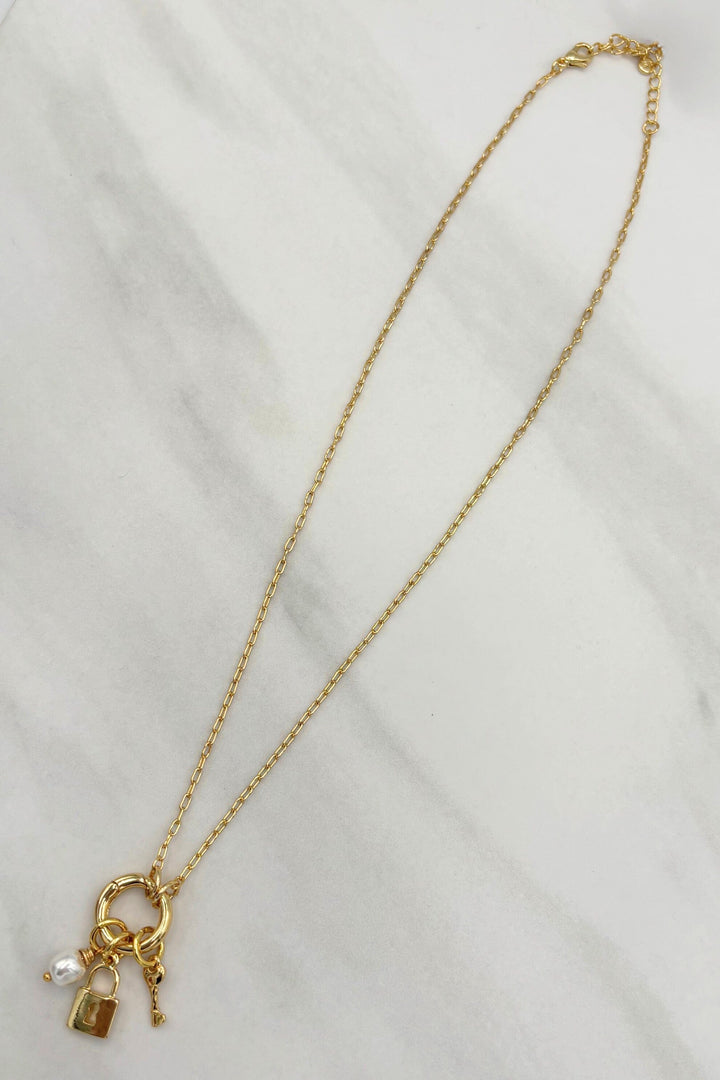 Thin Paperclip Chain with Pearl and CZ Studded Lock and Key Charm Dangling Centerpiece
