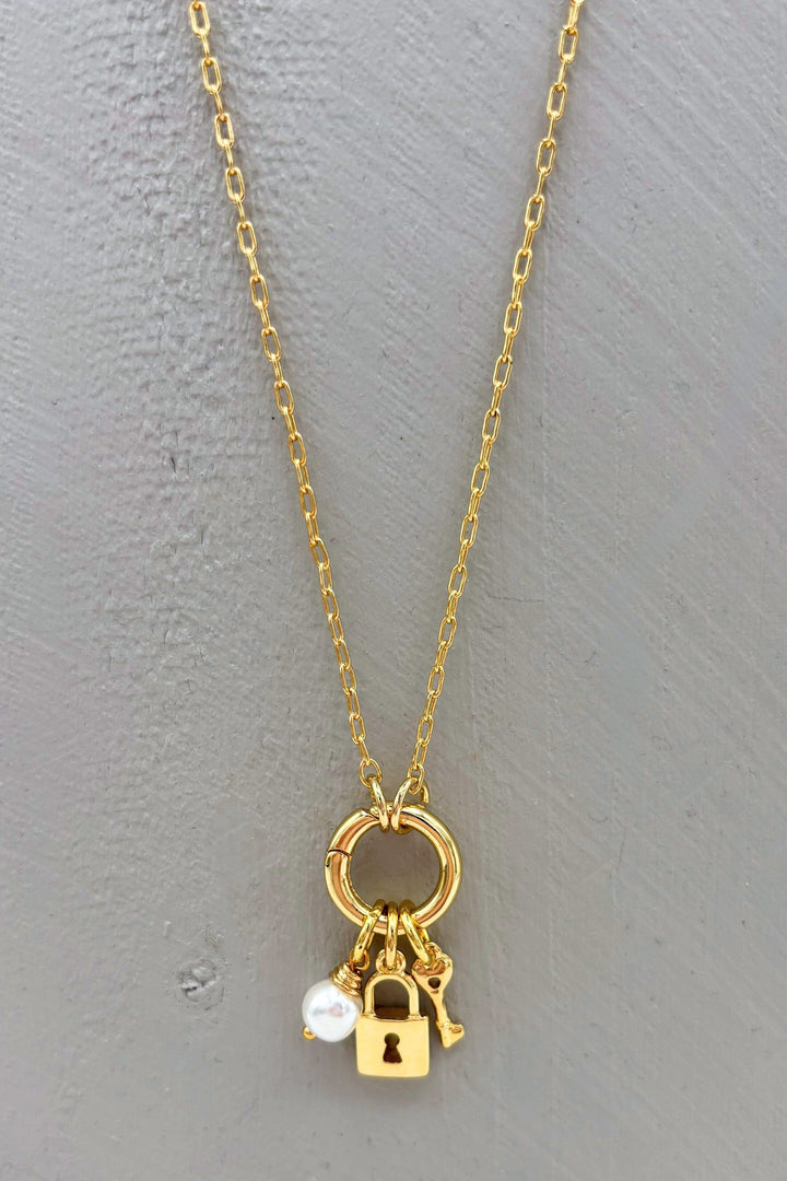 Thin Paperclip Chain with Pearl and CZ Studded Lock and Key Charm Dangling Centerpiece