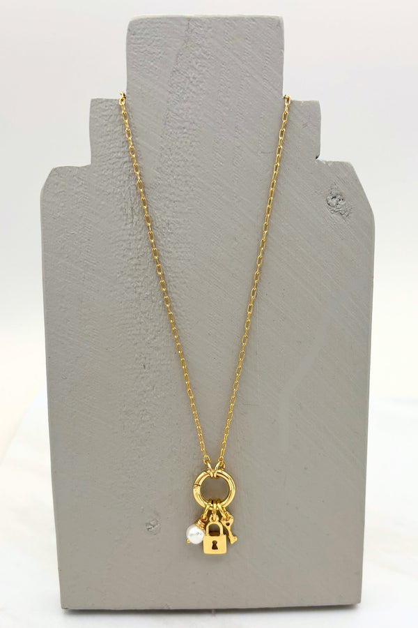 Thin Paperclip Chain with Pearl and CZ Studded Lock and Key Charm Dangling Centerpiece