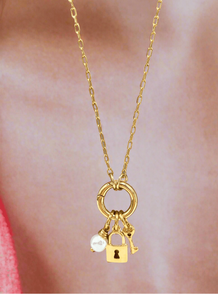 Thin Paperclip Chain with Pearl and CZ Studded Lock and Key Charm Dangling Centerpiece