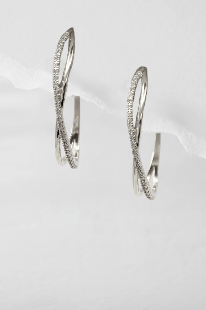 Thin Wave Interlocked CZ and Solid Strand Hoop Earrings