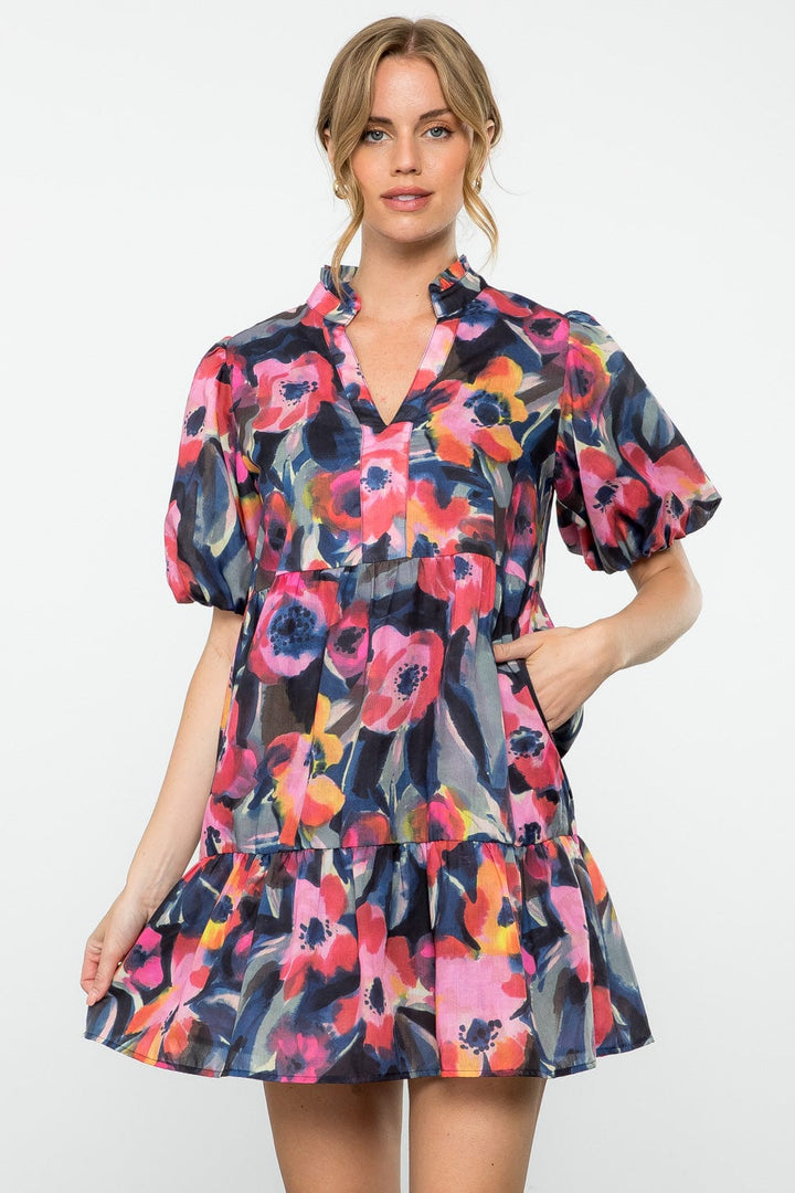 THML Puff Sleeve Multi Color Print Dress