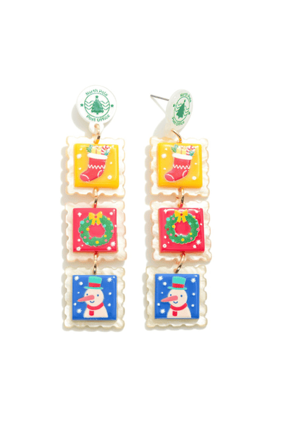 Three Christmas Theme Acrylic Postage Stamp Drop Earrings