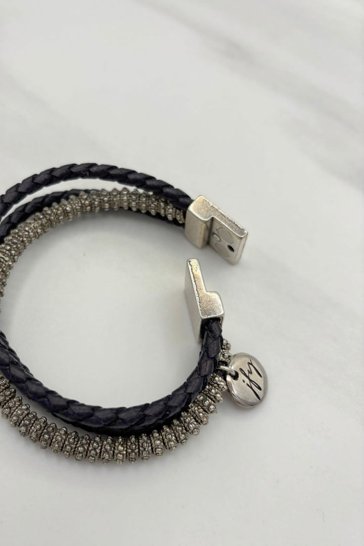 Three Strand Leather and Silver Bead Bracelet