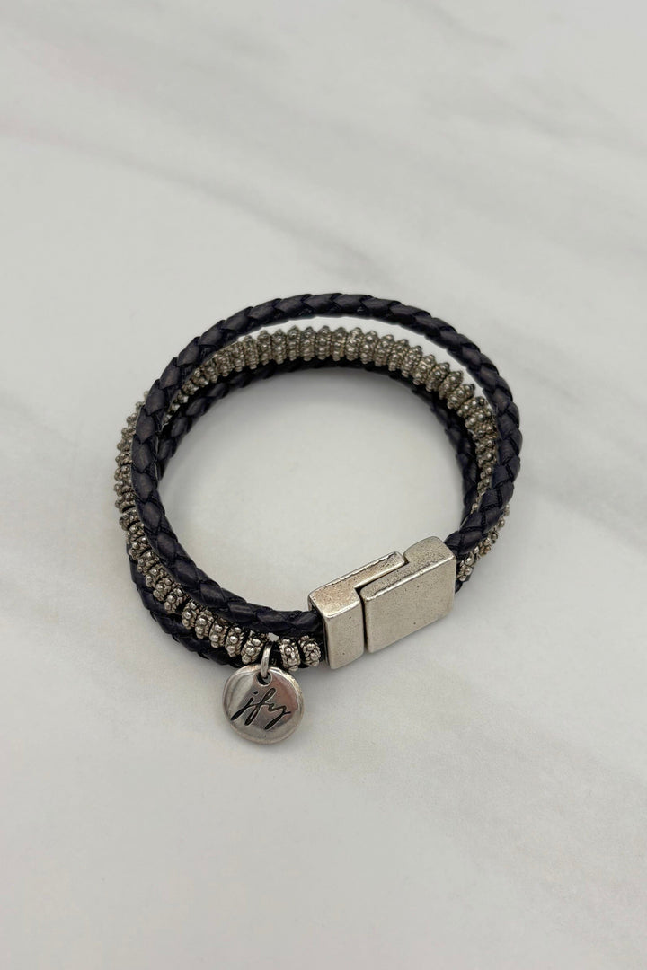 Three Strand Leather and Silver Bead Bracelet