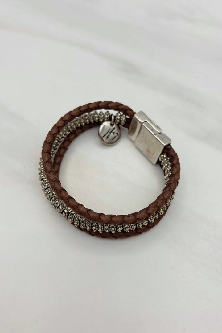 Three Strand Leather and Silver Bead Bracelet