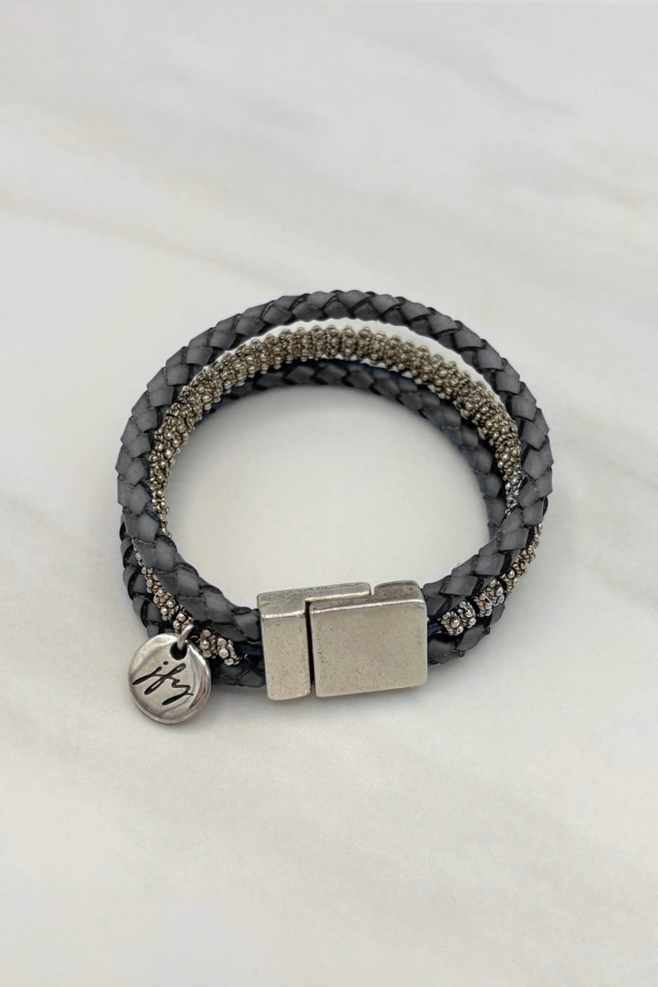 Three Strand Leather and Silver Bead Bracelet