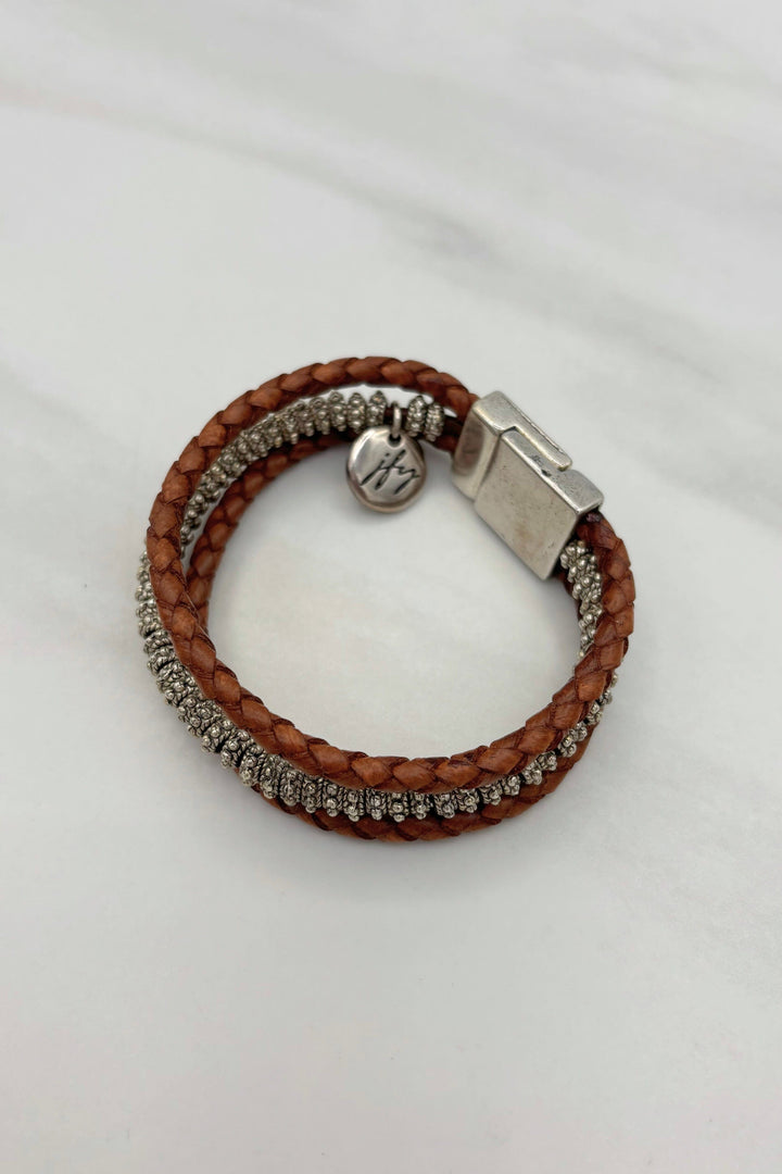 Three Strand Leather and Silver Bead Bracelet