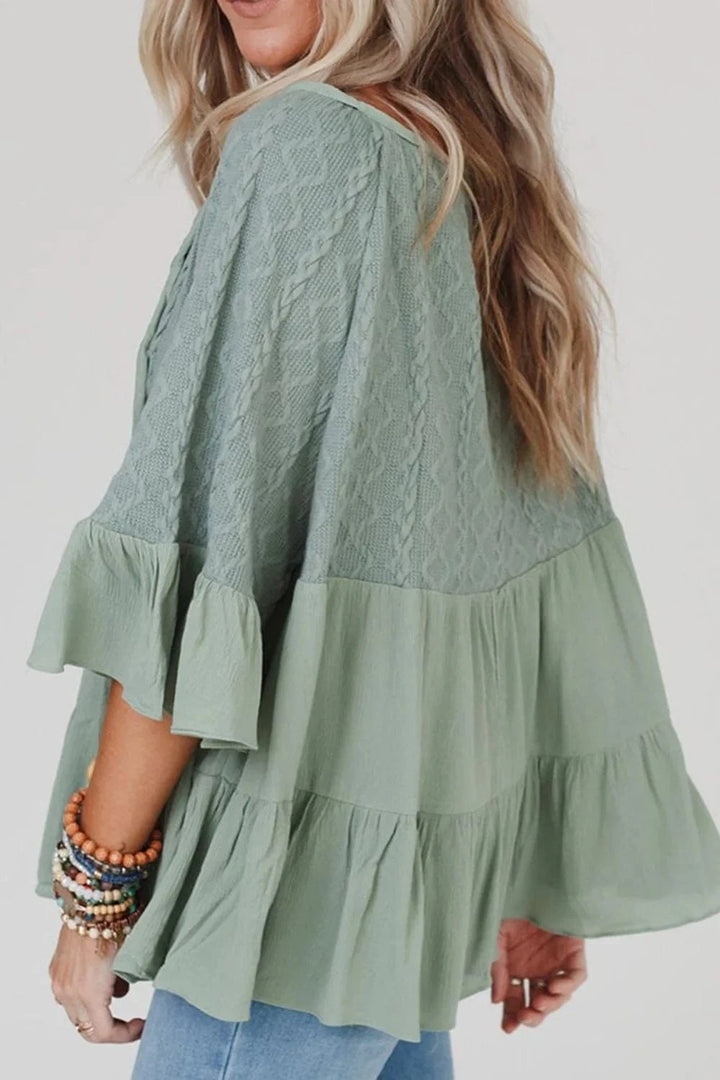 Tie Split Neck Tiered Knit Texture and Woven Airflow Texture Top