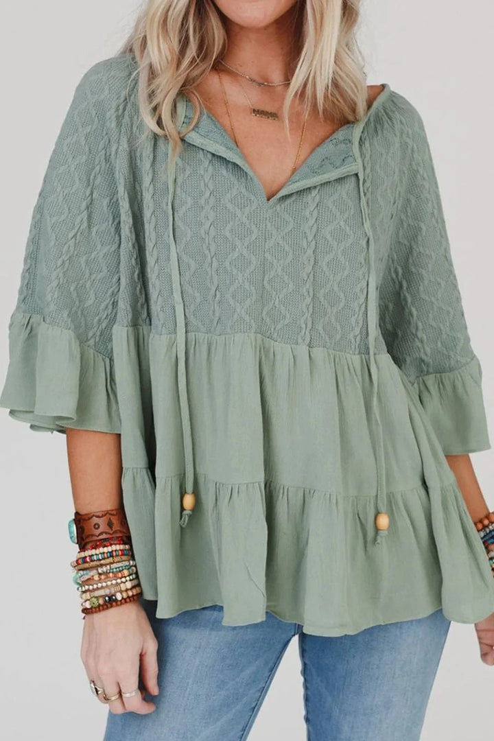 Tie Split Neck Tiered Knit Texture and Woven Airflow Texture Top