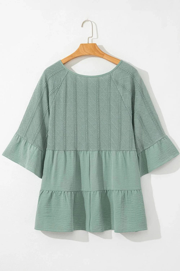 Tie Split Neck Tiered Knit Texture and Woven Airflow Texture Top