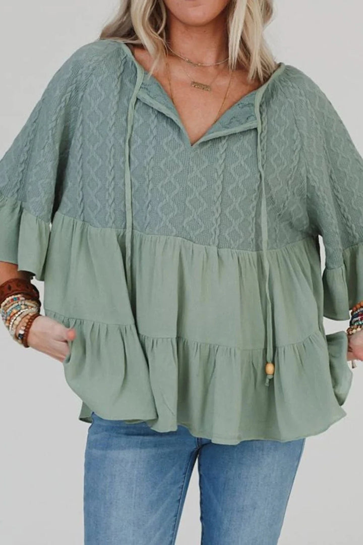 Tie Split Neck Tiered Knit Texture and Woven Airflow Texture Top