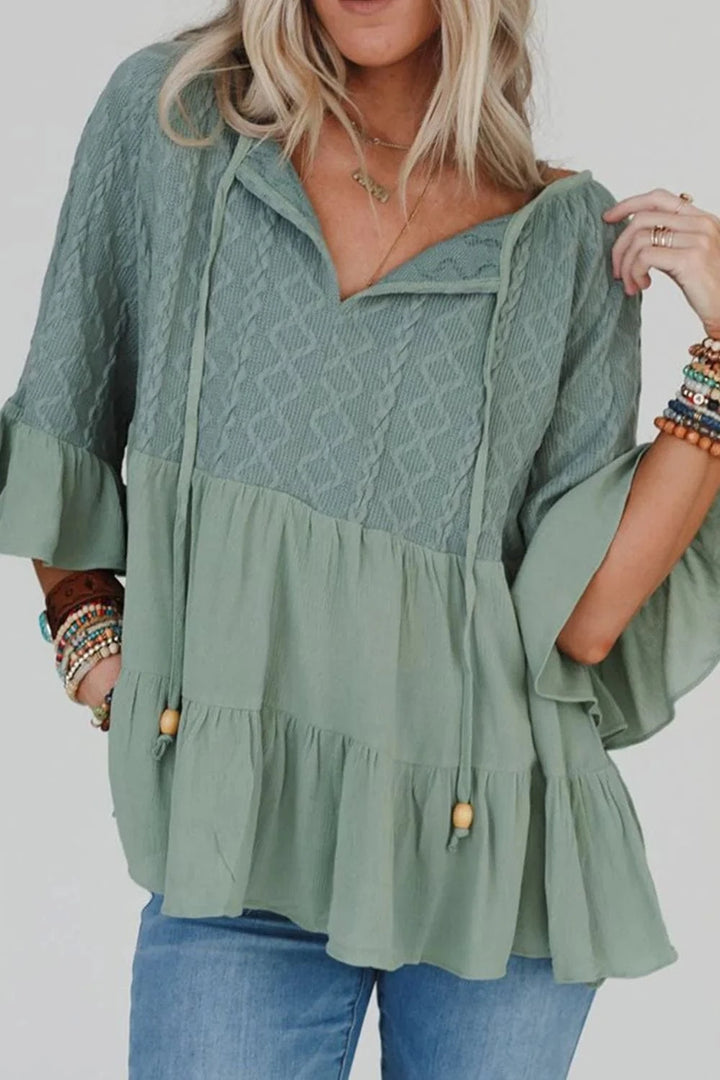 Tie Split Neck Tiered Knit Texture and Woven Airflow Texture Top