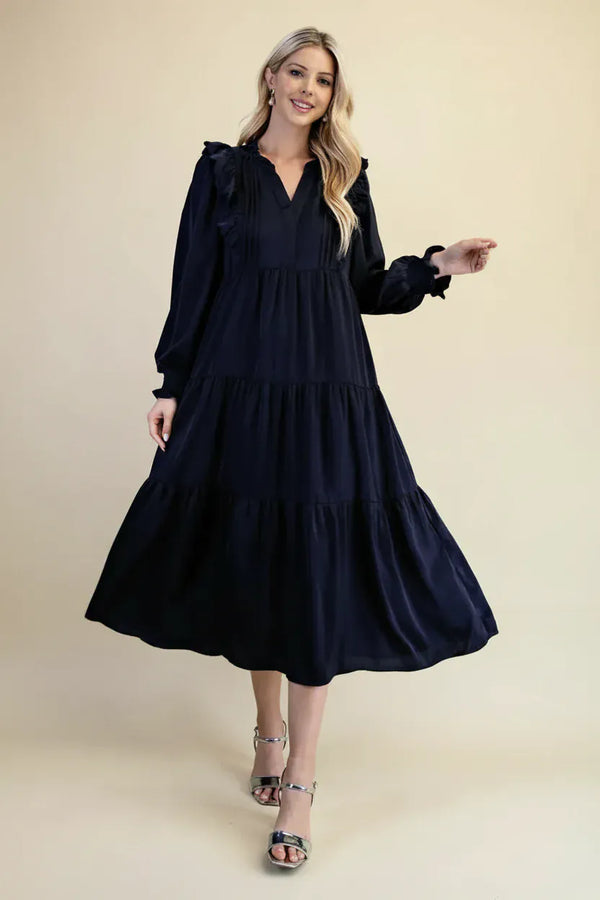Tiered Long Sleeve Midi Dress with a Pleated Front and Scalloped Ruffle Details