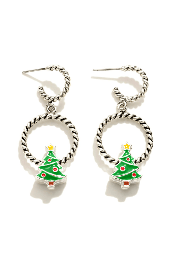 Tiny Enamel Christmas Tree on Twist Etched Hoop Drop Earrings