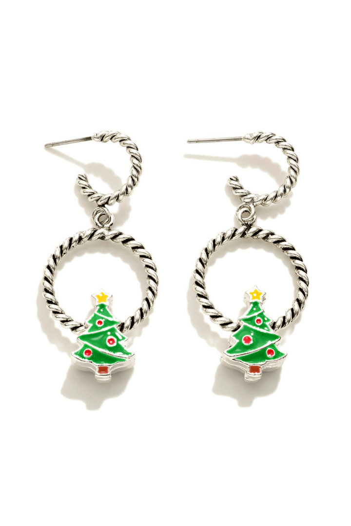 Tiny Enamel Christmas Tree on Twist Etched Hoop Drop Earrings