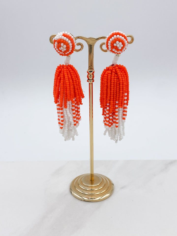 Toomer Orange and White Beaded Tassel Earring