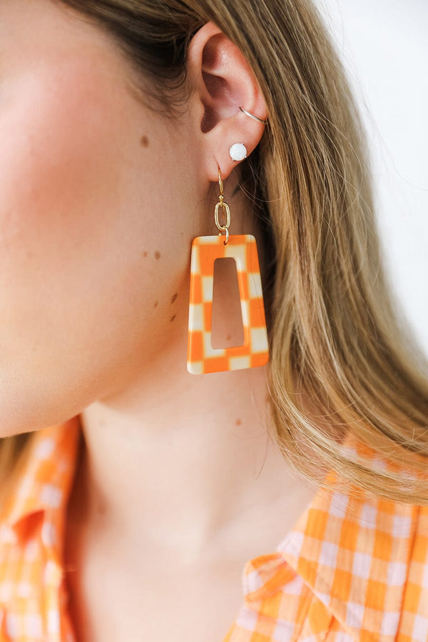 Trapezoid Orange Checkerboard Earrings