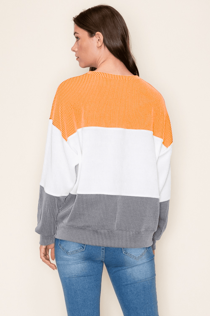Tres Bien Color Blocked Ribbed Knit Long Sleeve Top