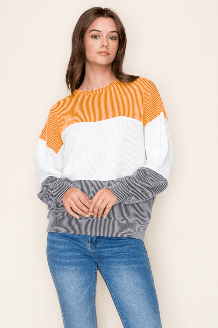 Tres Bien Color Blocked Ribbed Knit Long Sleeve Top