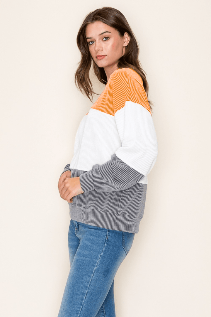 Tres Bien Color Blocked Ribbed Knit Long Sleeve Top