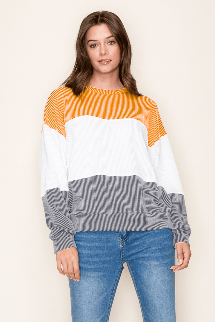 Tres Bien Color Blocked Ribbed Knit Long Sleeve Top