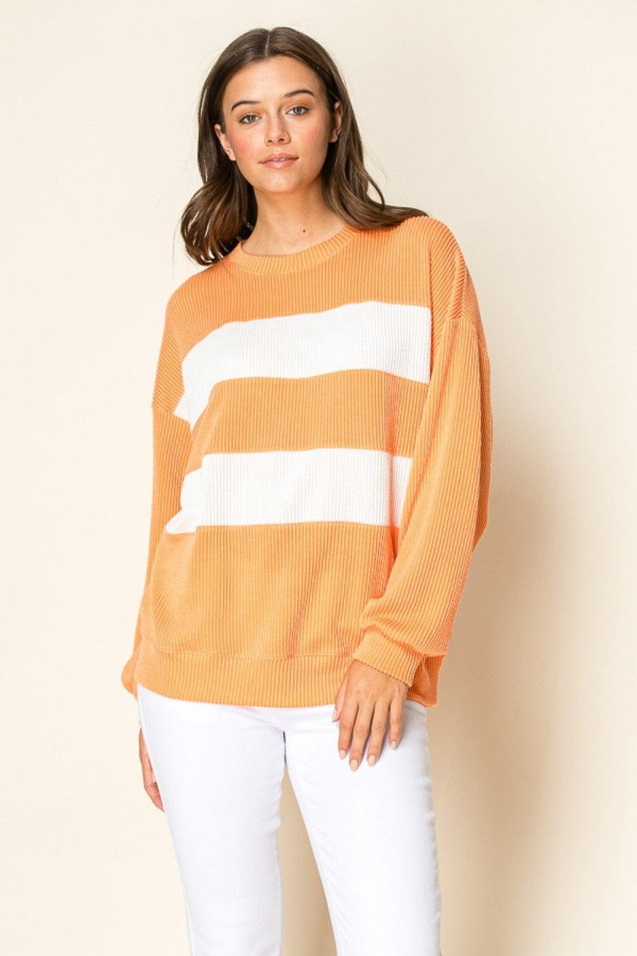 Tres Bien Double Stripe Ribbed Knit Long Sleeve Top