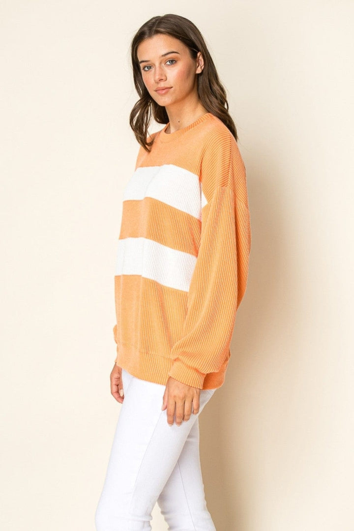 Tres Bien Double Stripe Ribbed Knit Long Sleeve Top