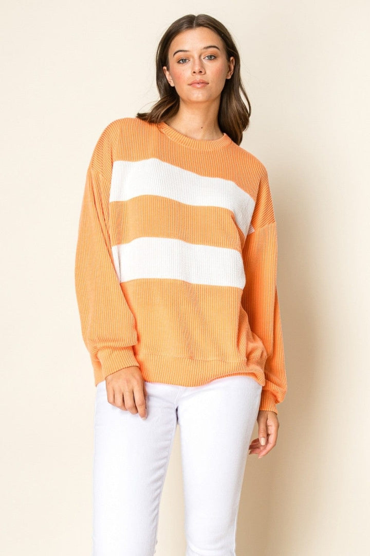 Tres Bien Double Stripe Ribbed Knit Long Sleeve Top