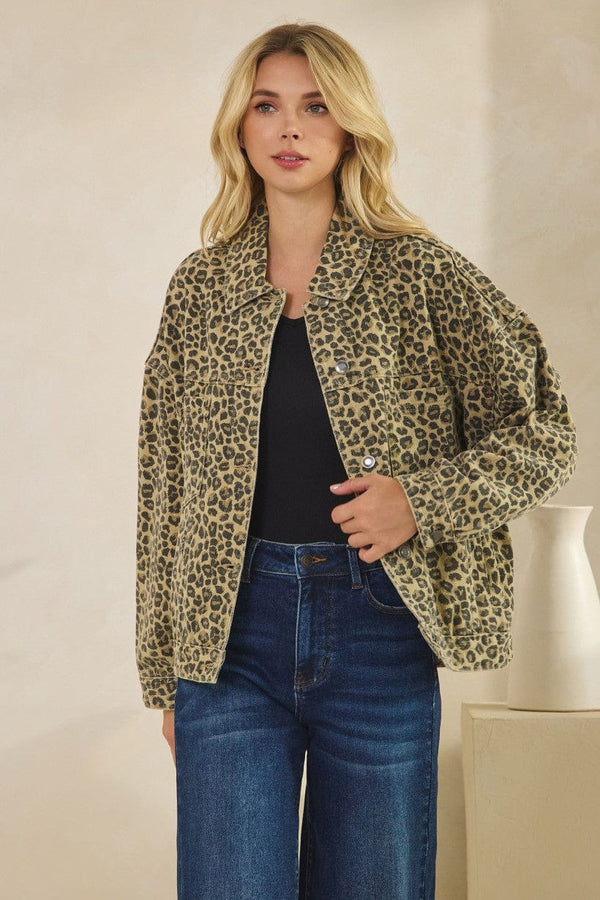 Tres Bien Leopard Animal Print Oversized Print Denim Jacket