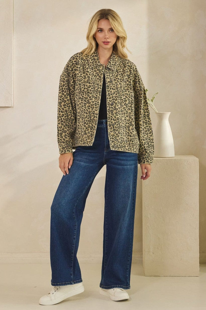 Tres Bien Leopard Animal Print Oversized Print Denim Jacket