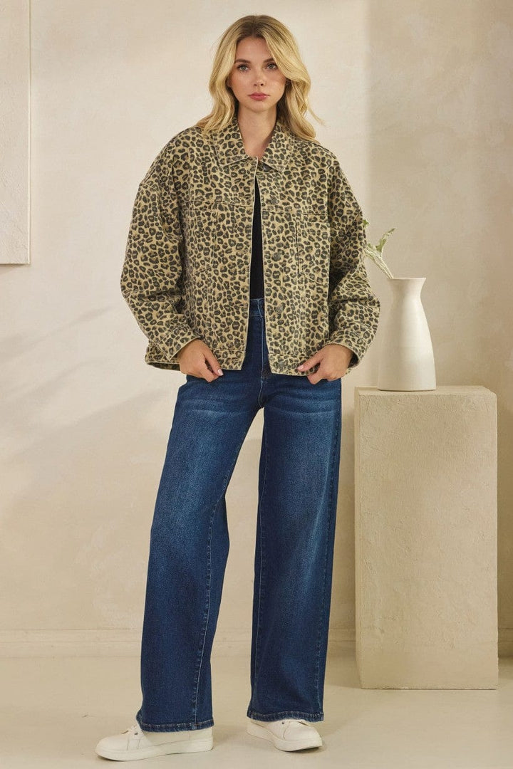 Tres Bien Leopard Animal Print Oversized Print Denim Jacket