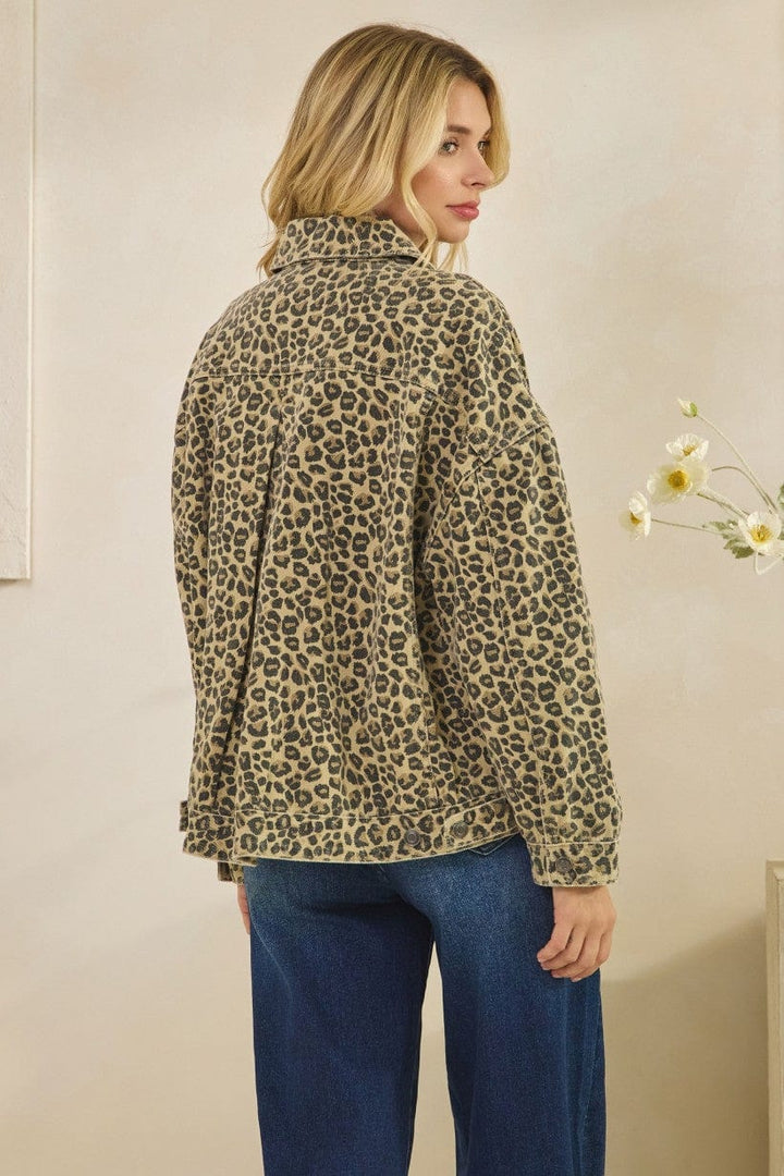 Tres Bien Leopard Animal Print Oversized Print Denim Jacket