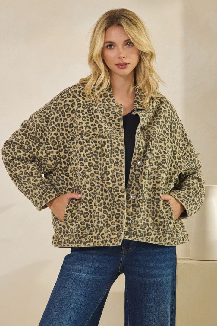 Tres Bien Leopard Animal Print Oversized Print Denim Jacket