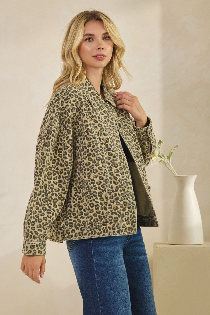 Tres Bien Leopard Animal Print Oversized Print Denim Jacket