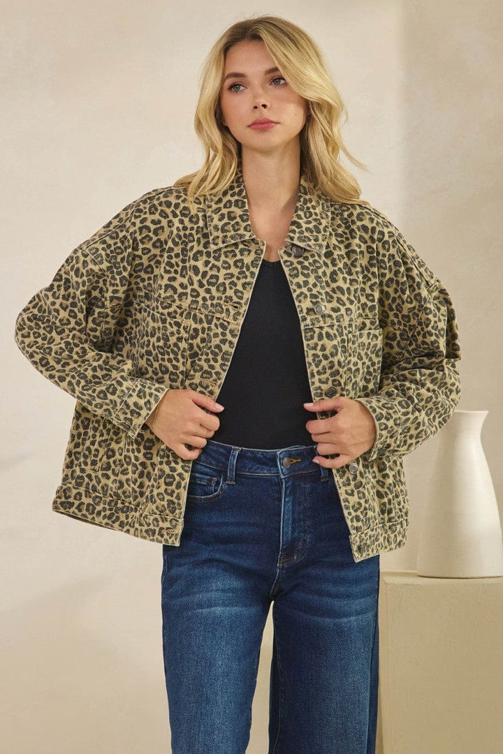 Tres Bien Leopard Animal Print Oversized Print Denim Jacket