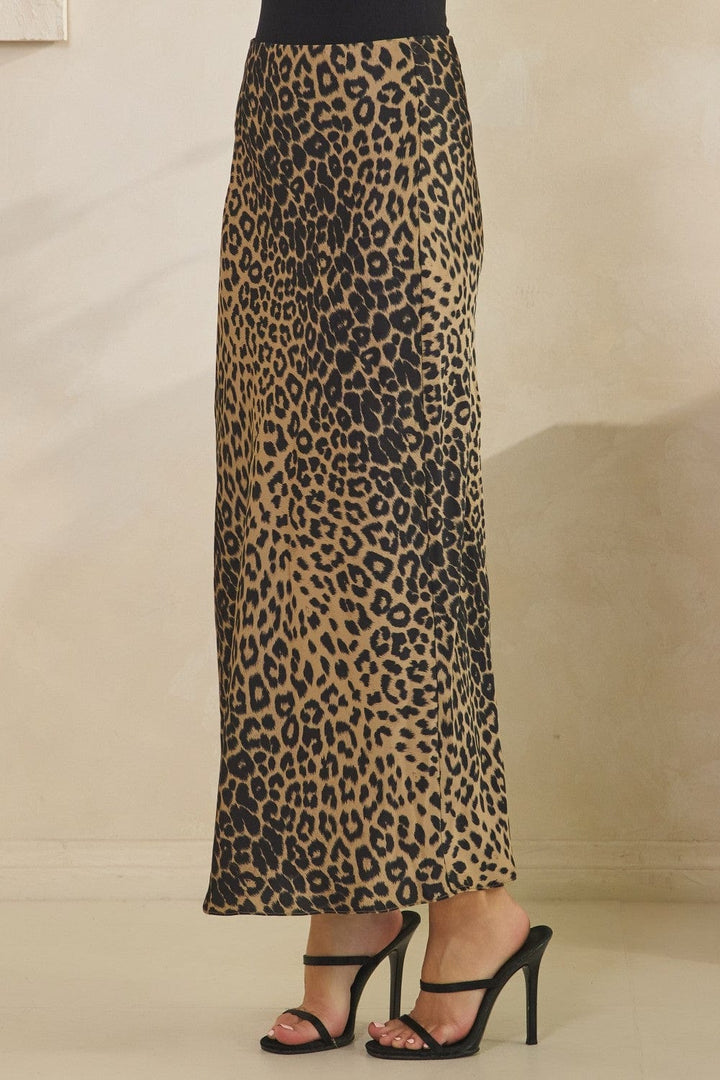 Tres Bien Leopard Animal Print Satin Maxi Skirt