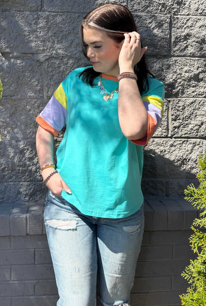 Triple Color Blocked Half Sleeve Round Neck Oversized Top with Solid Trim