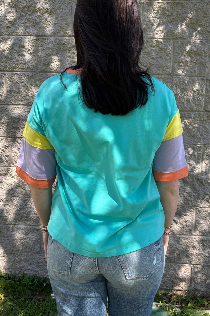 Triple Color Blocked Half Sleeve Round Neck Oversized Top with Solid Trim