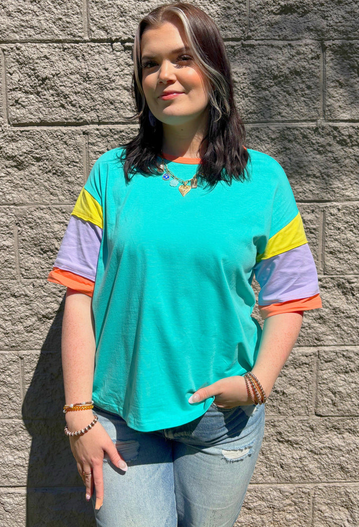 Triple Color Blocked Half Sleeve Round Neck Oversized Top with Solid Trim