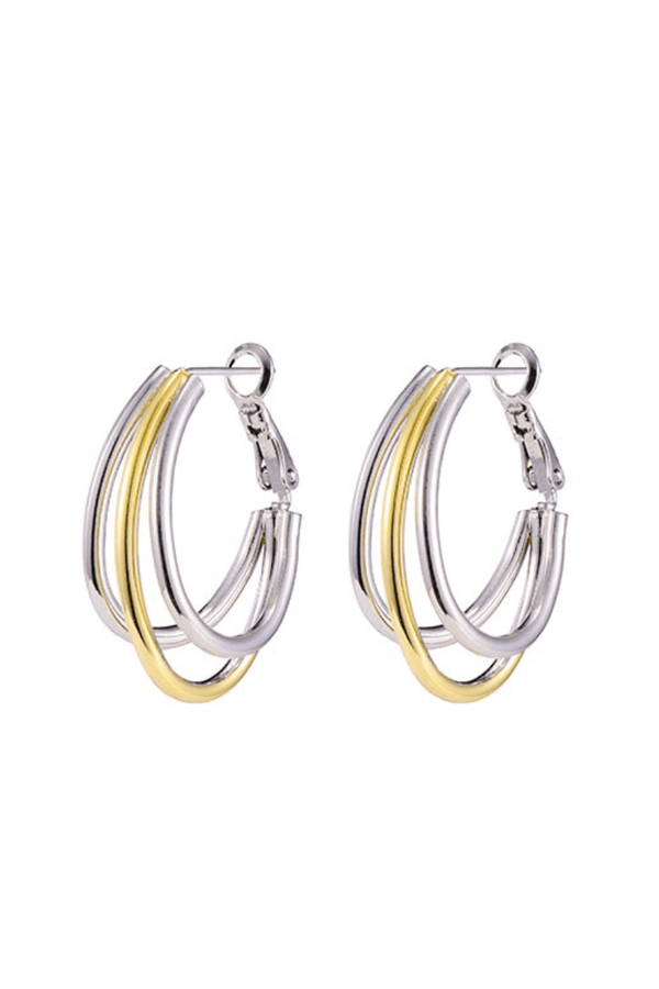 Triple Layer Multi Metal Tone Oblong Shape Lever Back Hoop Earrings