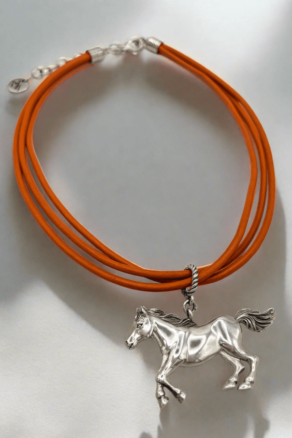 Triple Thick Strand Leather Cord Galloping Sterling Silver Horse Necklace