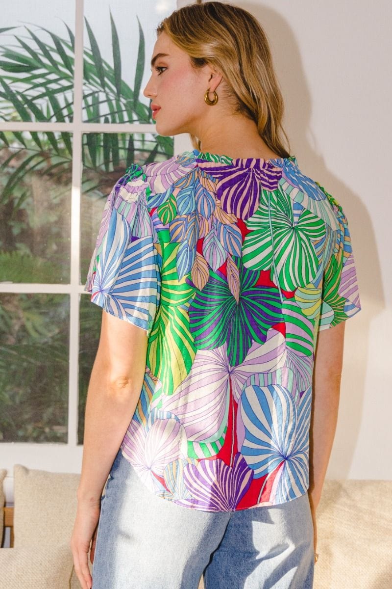 Tropical Palm Leaf Print Top with Front Keyhole and Neck Tie