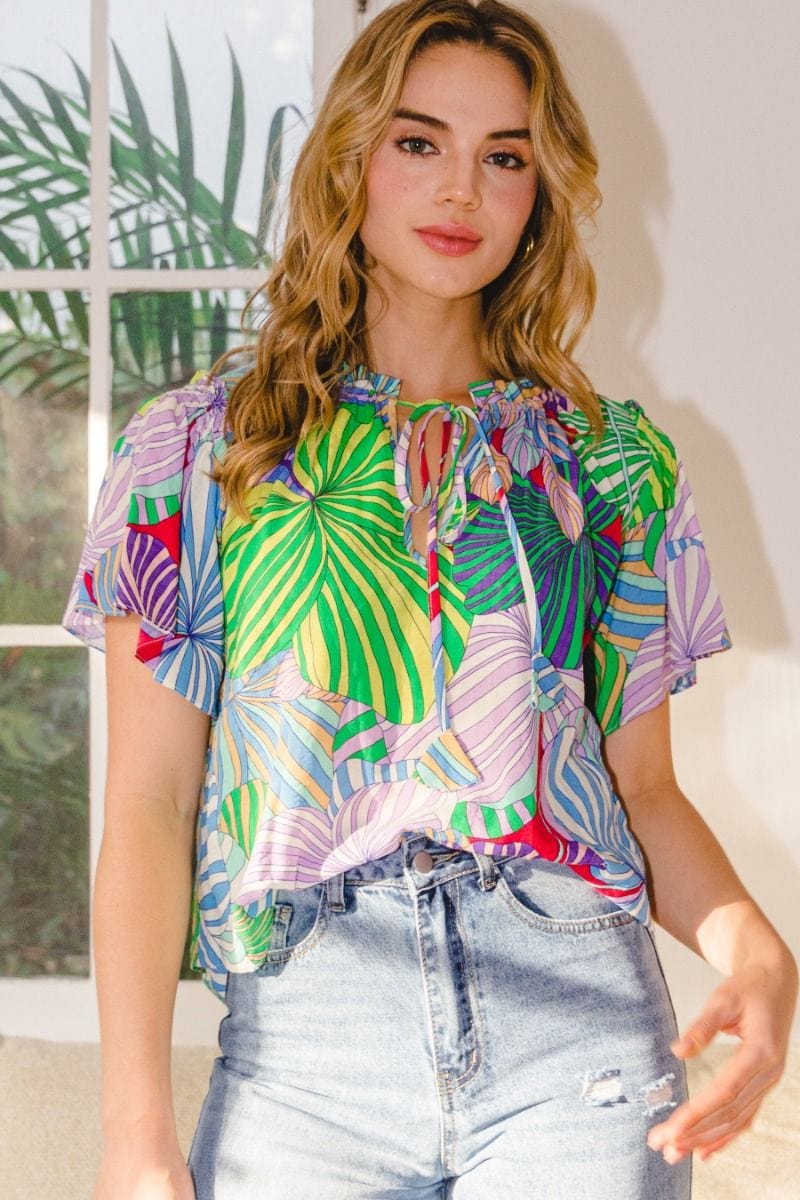 Tropical Palm Leaf Print Top with Front Keyhole and Neck Tie